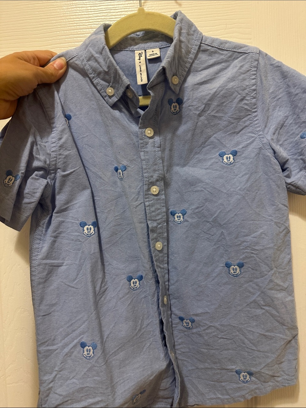 Light Blue Short-Sleeve Button-Down Shirt with Embroidered Mickey Heads